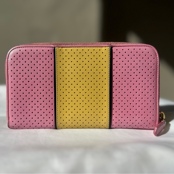 PRADA Pink Yellow Perforated Saffiano Zip Around Wallet - Picture 3 of 11